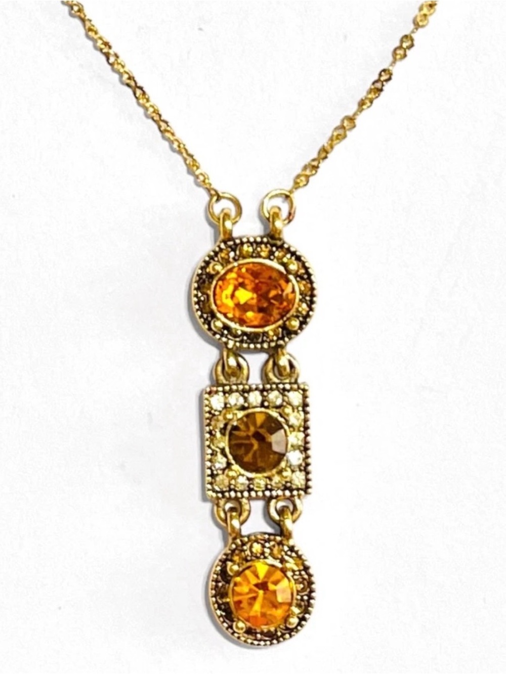 Gold‎ Tone Amber Crystal Geometric Triple Drop Pendant Necklace Textured Chain